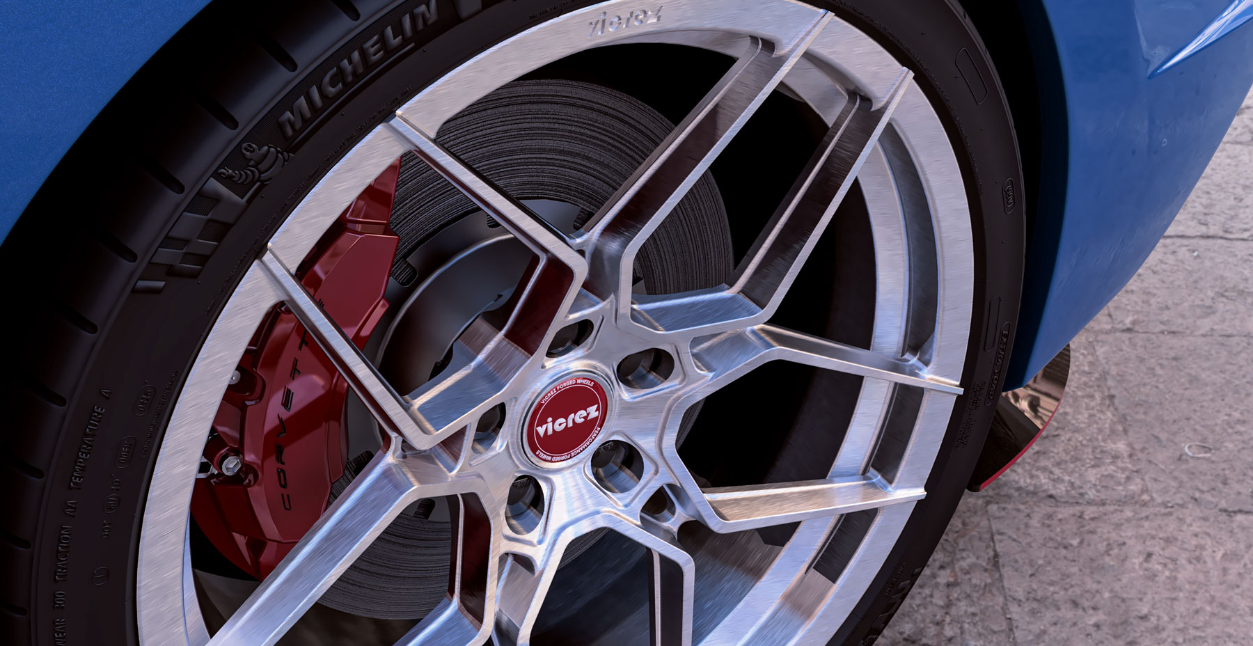 Blue Corvette C8 x Vicrez VXF Forged Wheels (Finished in Brushed Aluminum)
