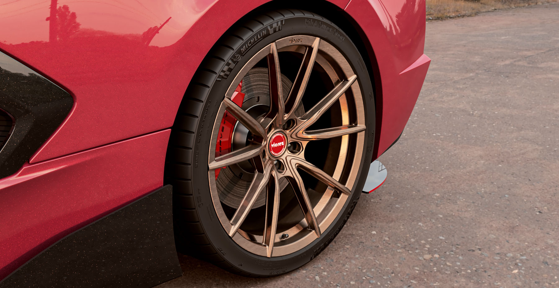 Red Corvette C8 x Vicrez VSF Forged Wheels (Finished in Brushed Bronze)