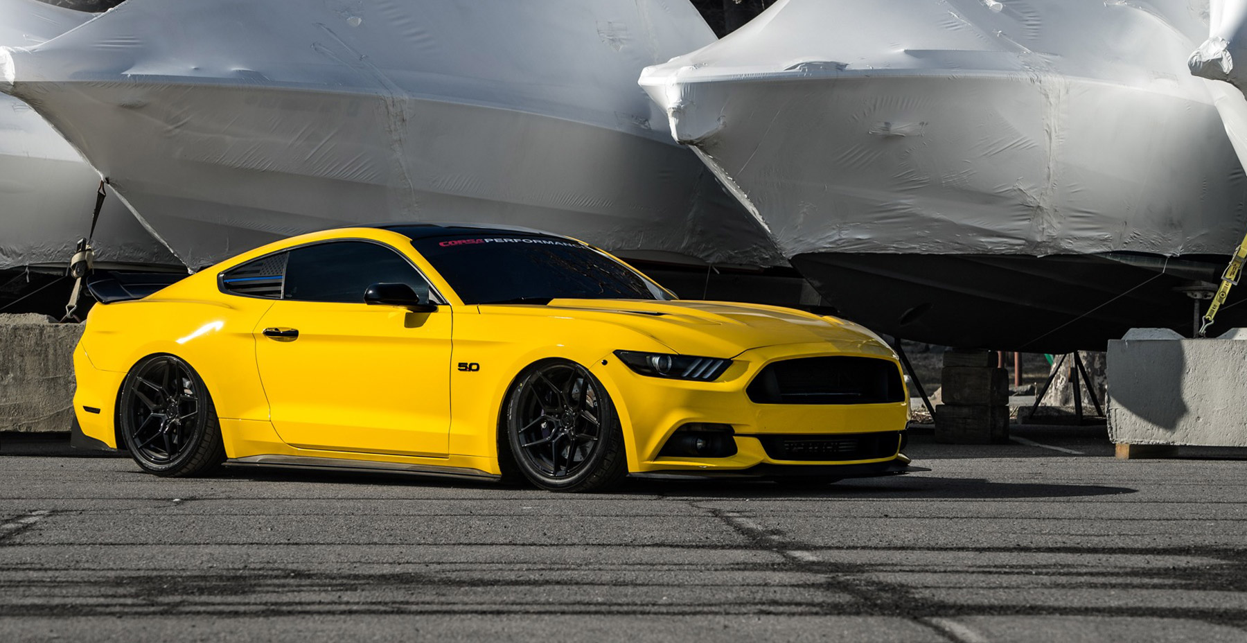 Yellow Ford Mustang GT x Rohana RFX11 Wheels (Finished in Gloss Black)